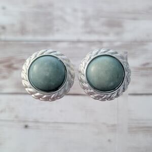 Vintage Clip On Earrings Dusky Green & Silver Tone Statement